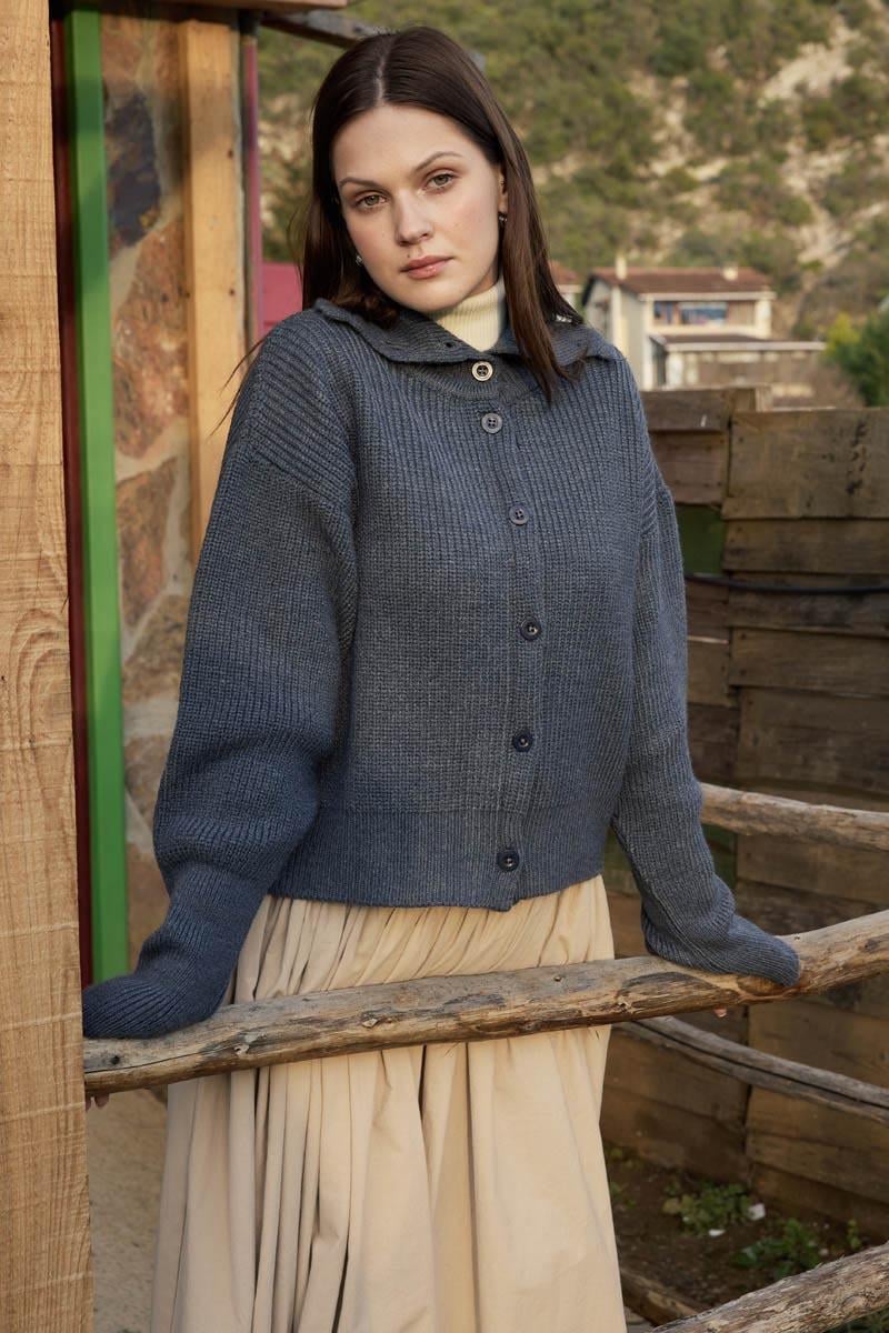 Balıkçı Yaka Hırka İndigo