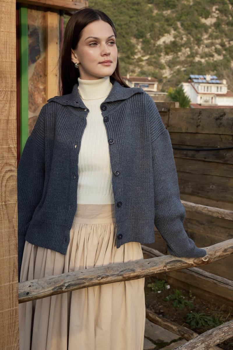 Balıkçı Yaka Hırka İndigo