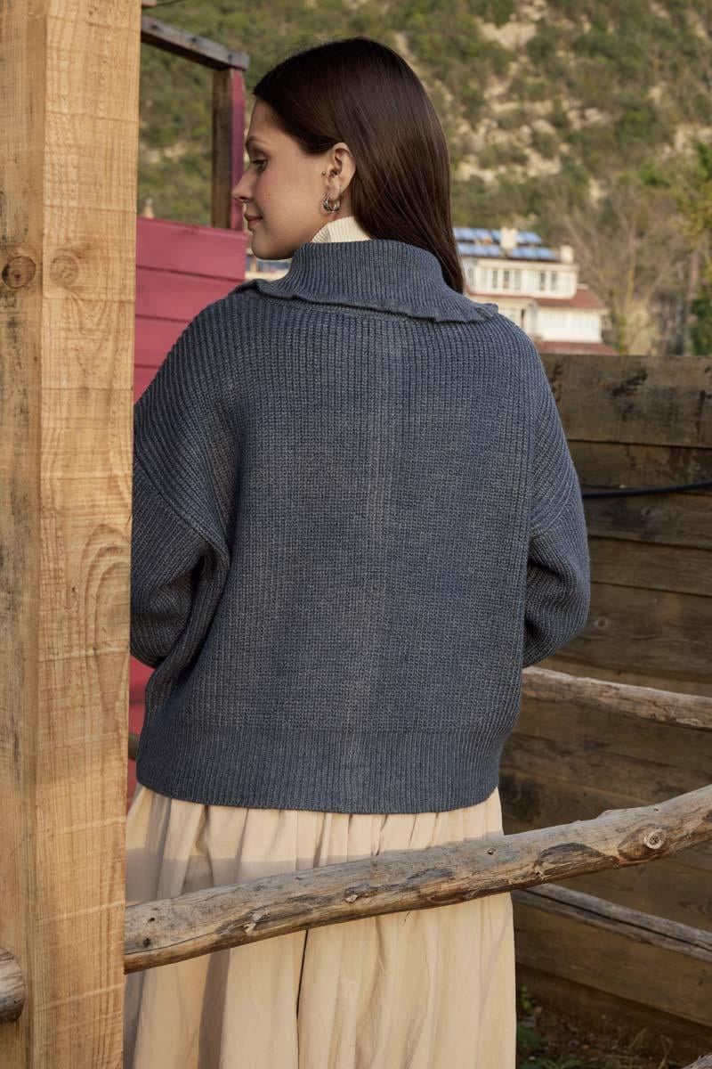 Balıkçı Yaka Hırka İndigo