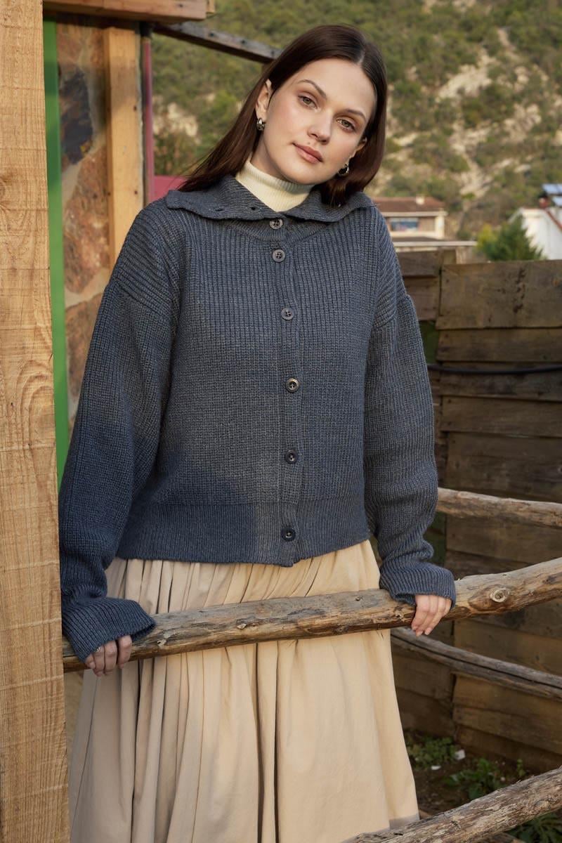 Balıkçı Yaka Hırka İndigo