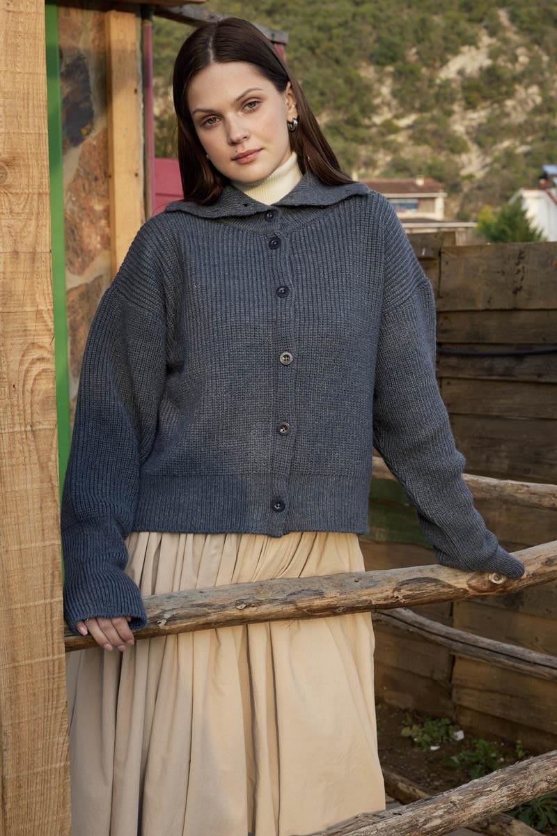 Balıkçı Yaka Hırka İndigo