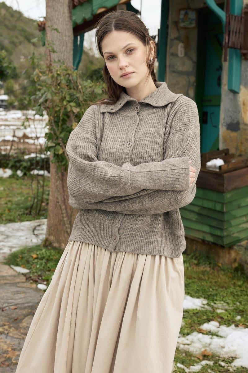 Balıkçı Yaka Hırka Vizon