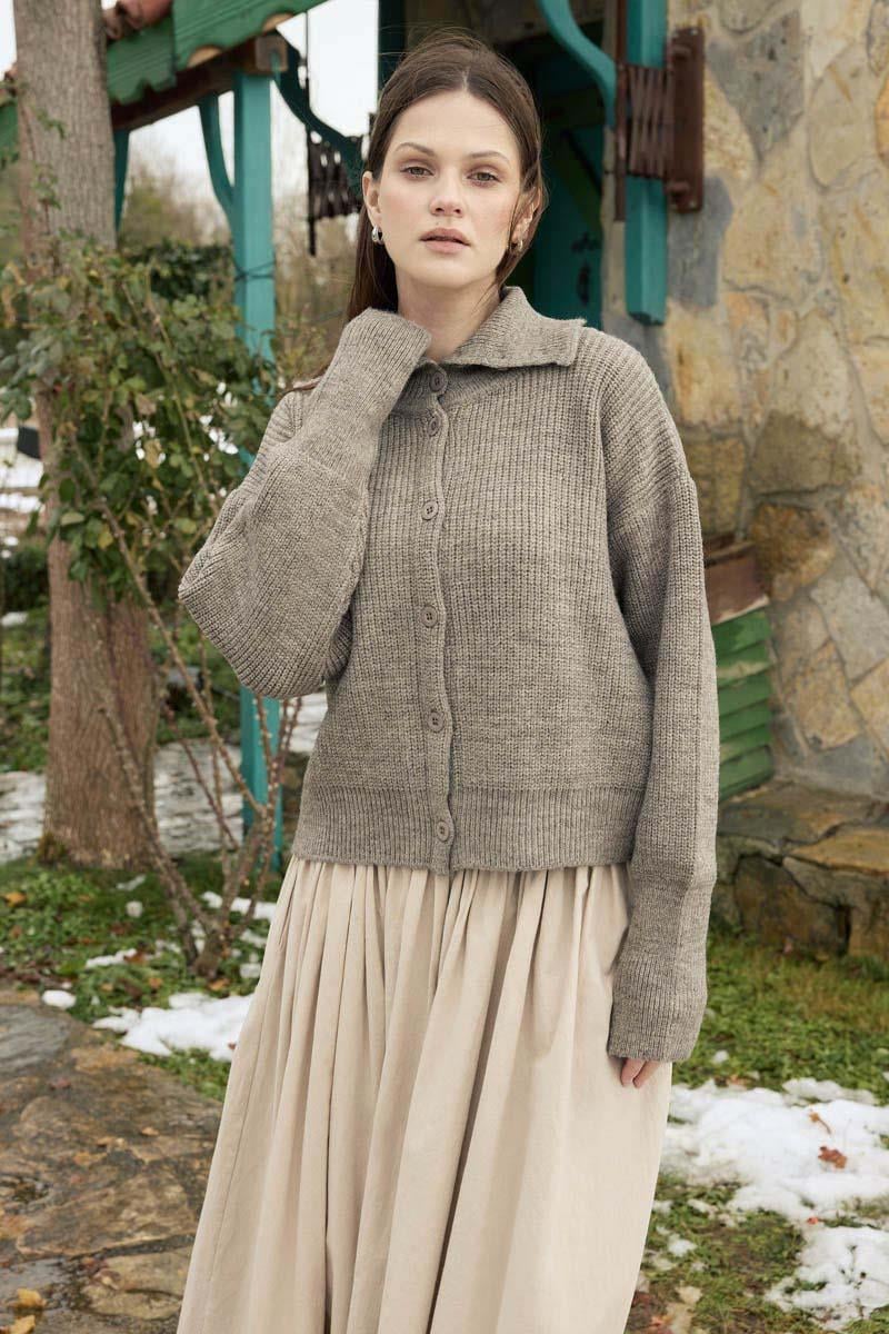 Balıkçı Yaka Hırka Vizon