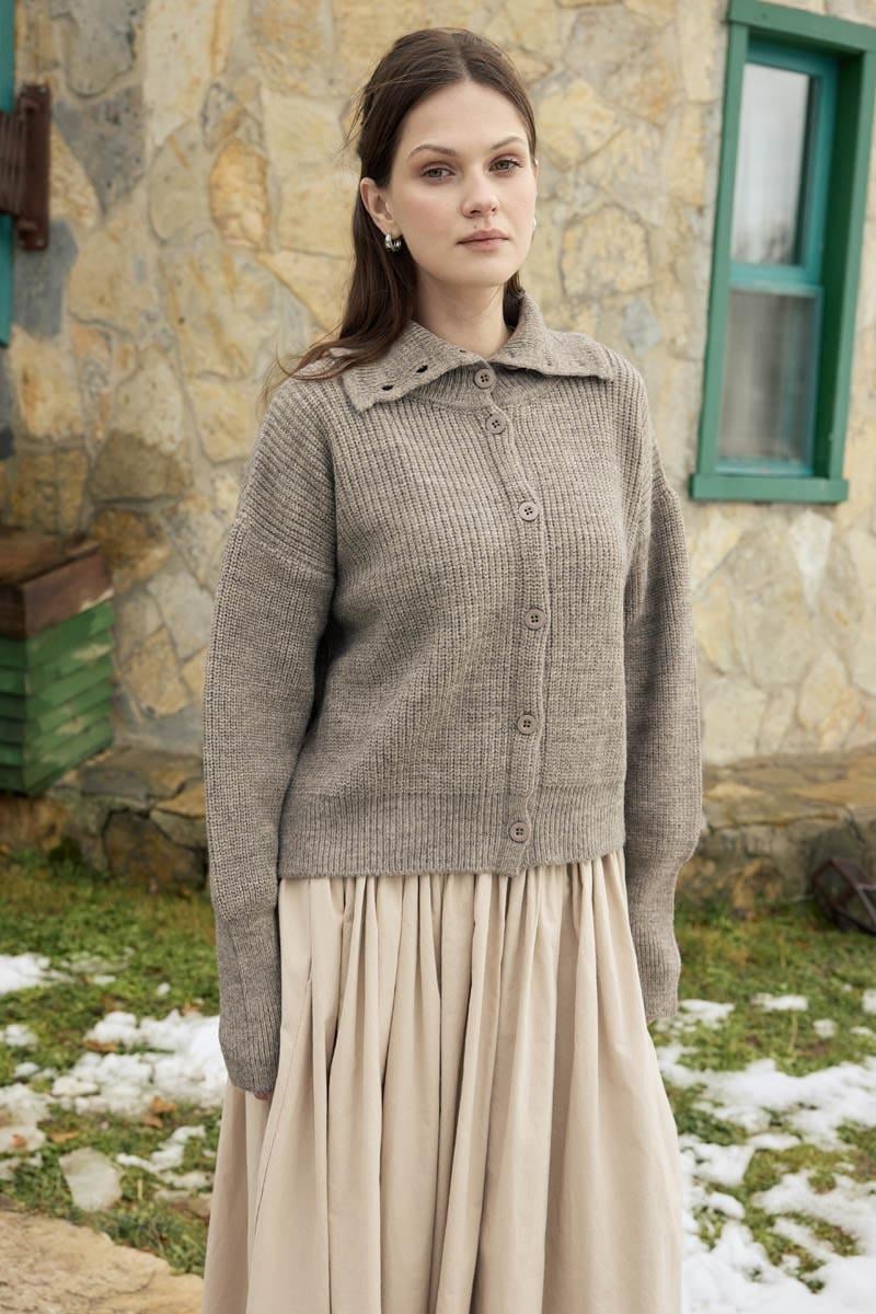 Balıkçı Yaka Hırka Vizon