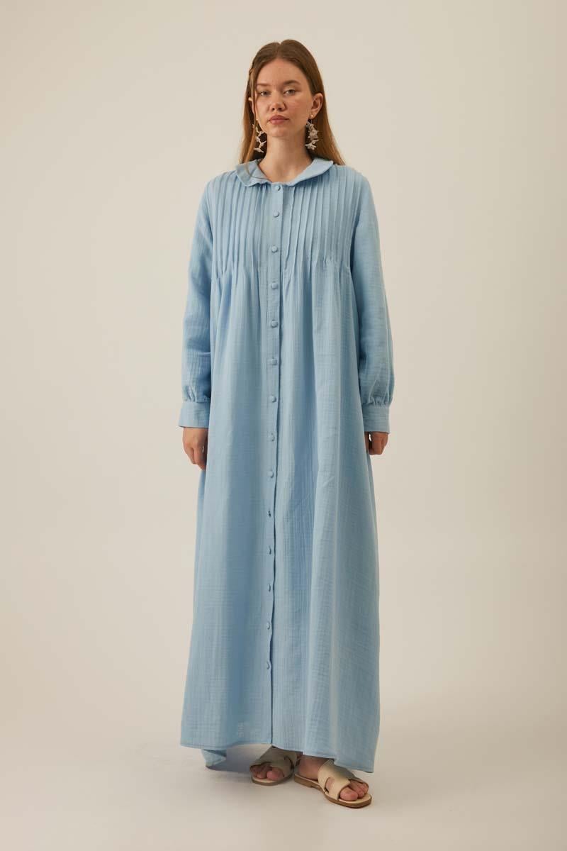 Bebe Yaka Nervürlü Müslin Elbise Bebe Mavisi