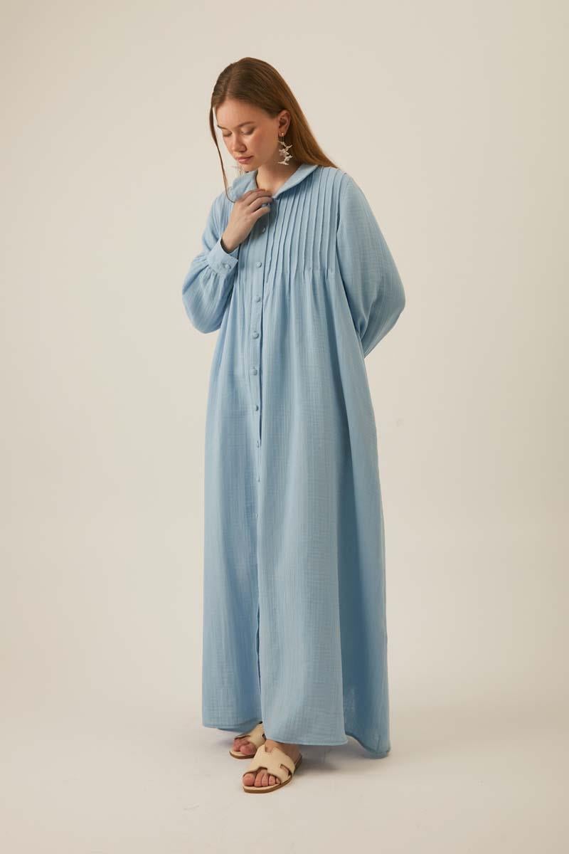 Bebe Yaka Nervürlü Müslin Elbise Bebe Mavisi