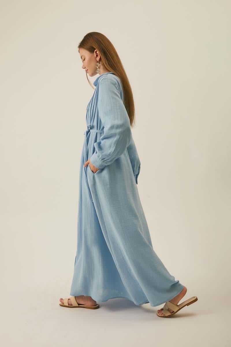 Bebe Yaka Nervürlü Müslin Elbise Bebe Mavisi