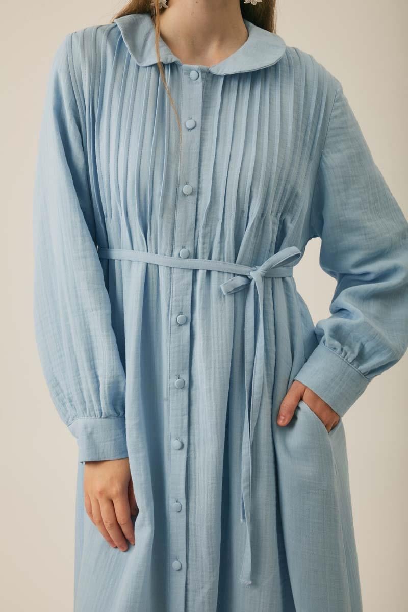 Bebe Yaka Nervürlü Müslin Elbise Bebe Mavisi