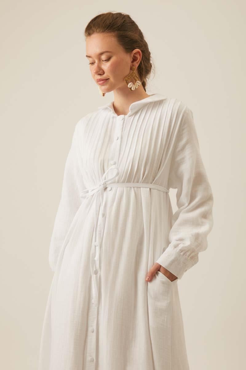 Bebe Yaka Nervürlü Müslin Elbise Beyaz