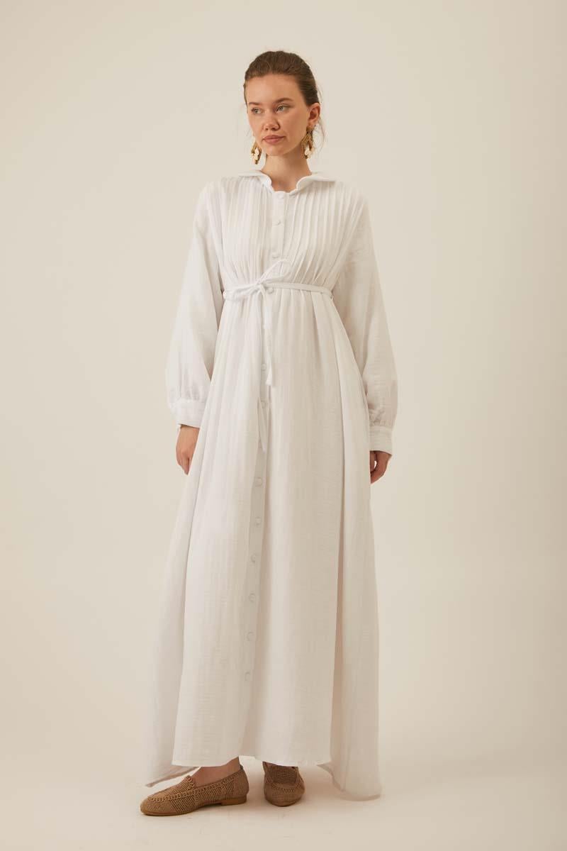 Bebe Yaka Nervürlü Müslin Elbise Beyaz