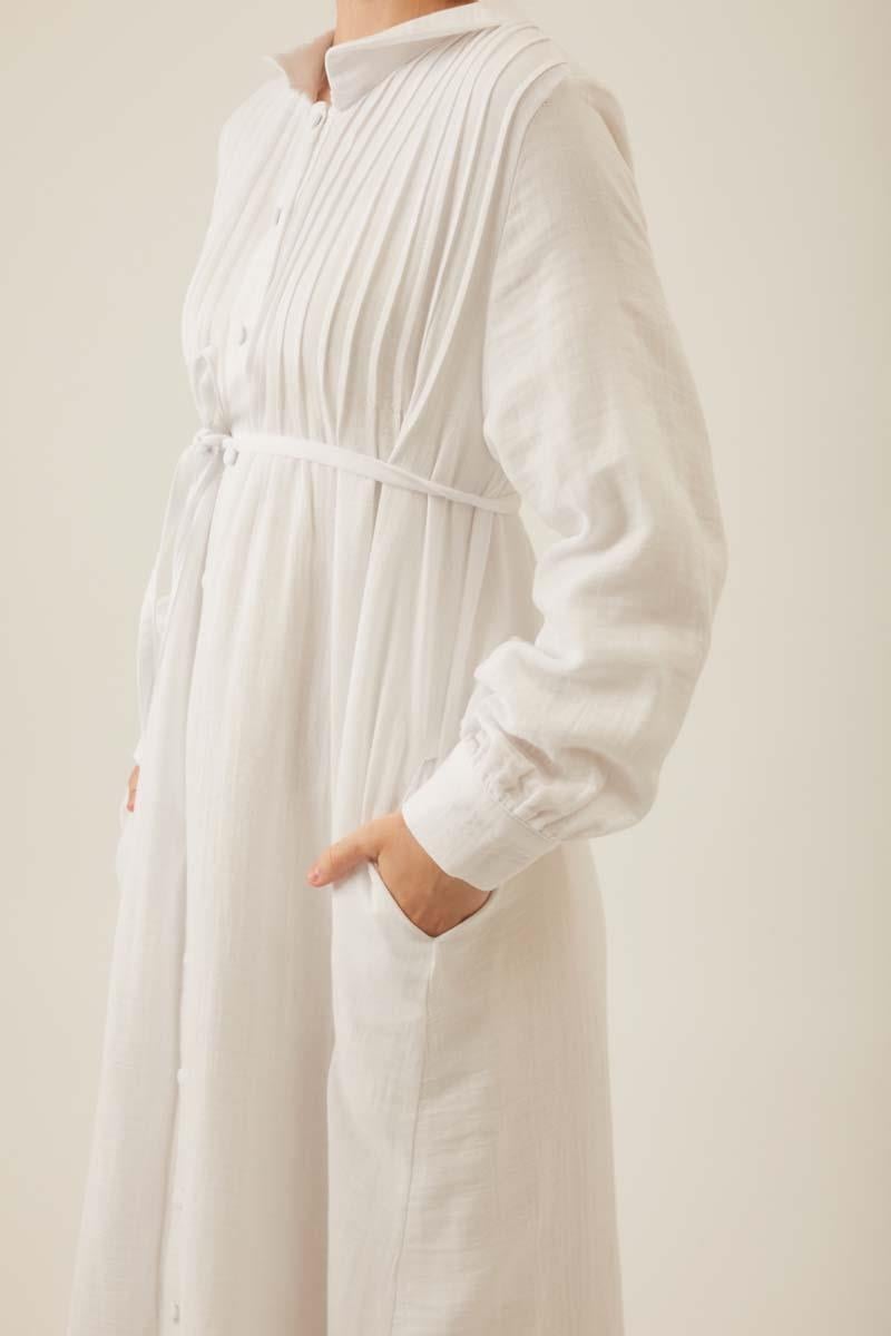 Bebe Yaka Nervürlü Müslin Elbise Beyaz