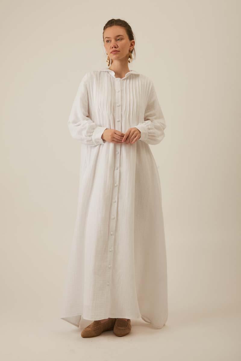 Bebe Yaka Nervürlü Müslin Elbise Beyaz