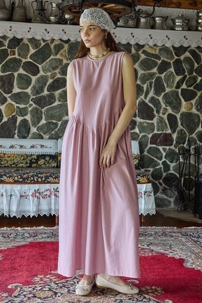 Belden Büzgülü Sıfır Kol Elbise