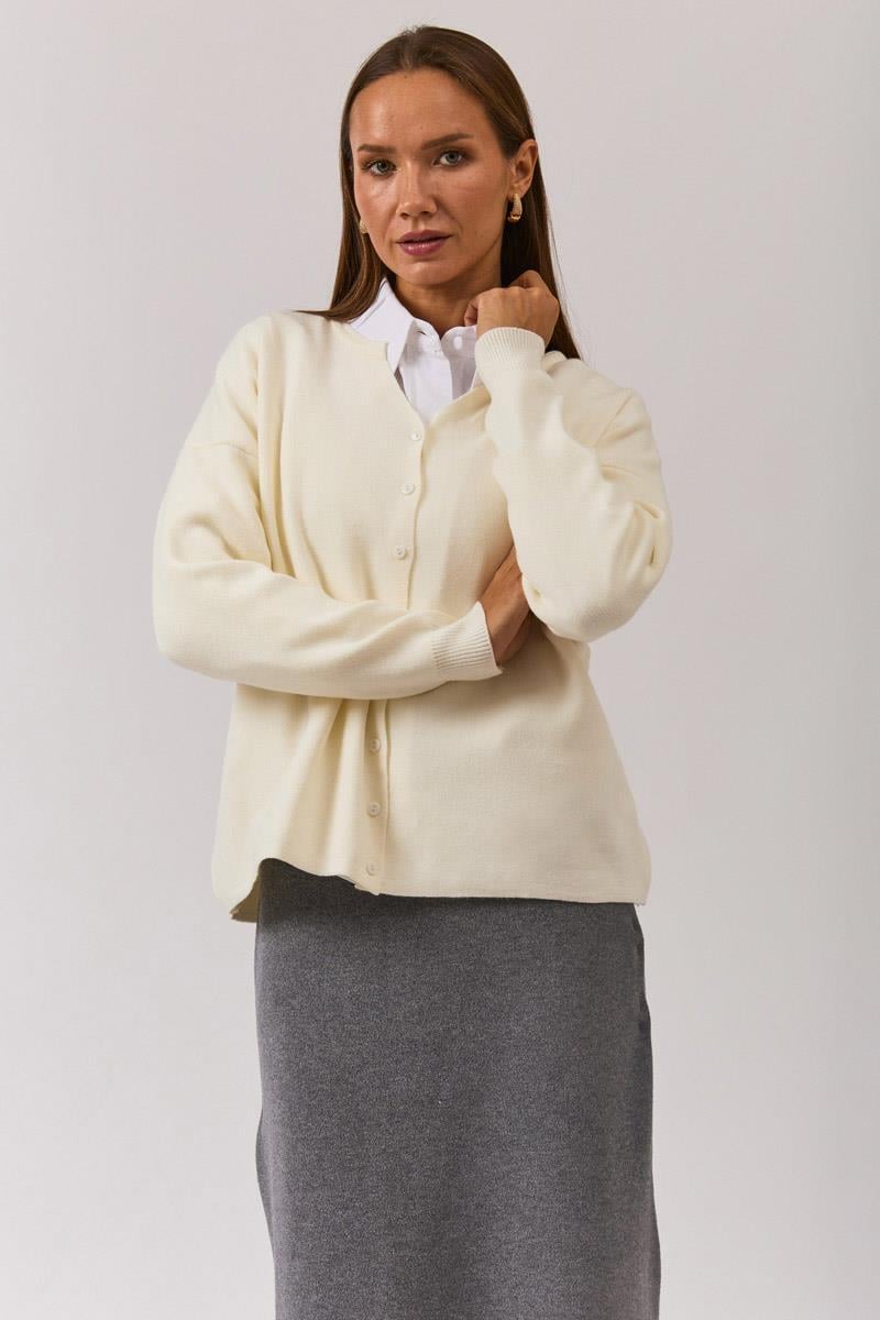 Bisiklet Yaka Premium Triko Hırka Ekru