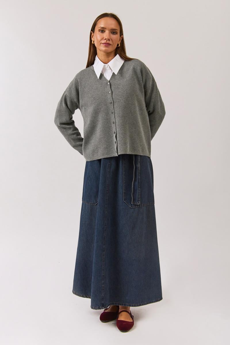 Bisiklet Yaka Premium Triko Hırka Gri