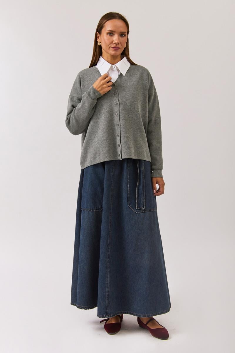 Bisiklet Yaka Premium Triko Hırka Gri