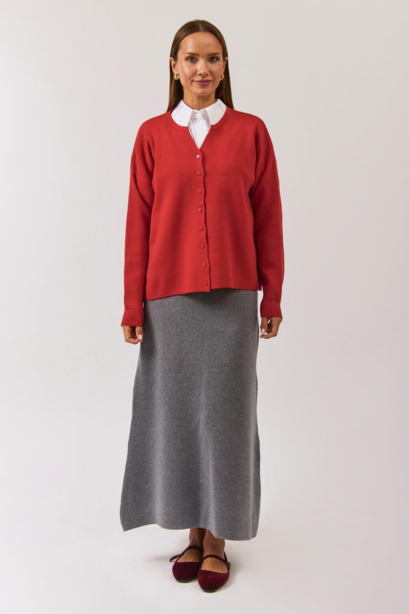 Bisiklet Yaka Premium Triko Hırka Kırmızı