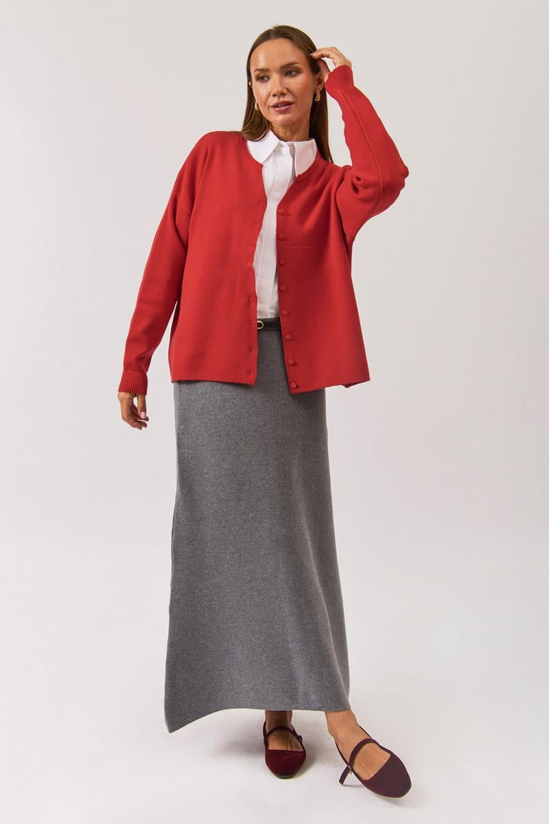 Bisiklet Yaka Premium Triko Hırka Kırmızı