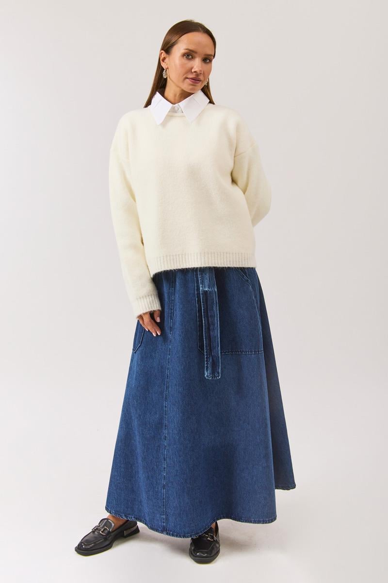 Biyeli Oversize Kazak Beyaz