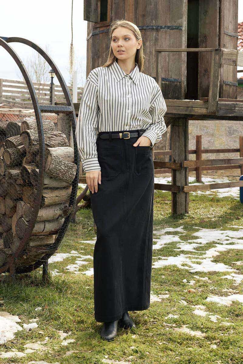 Büyük Cepli Gabardin Etek Siyah