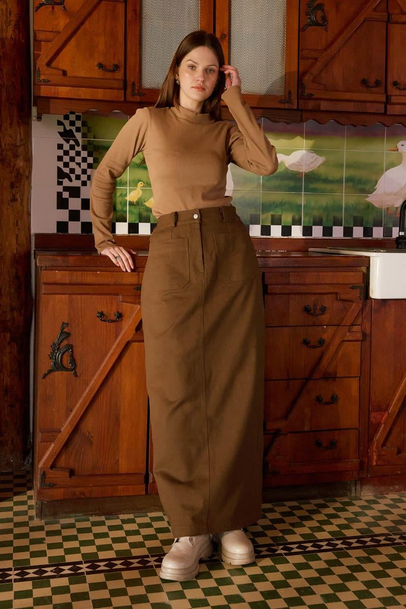 Büyük Cepli Gabardin Etek Taba