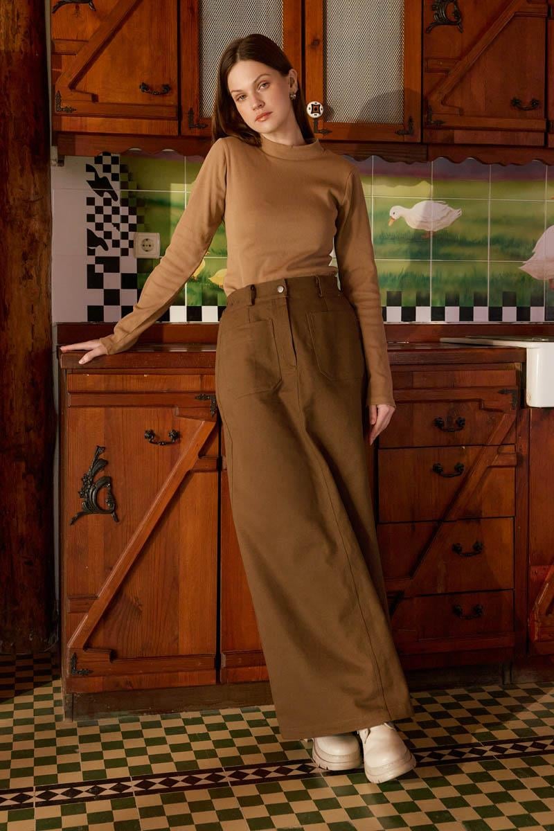 Büyük Cepli Gabardin Etek Taba