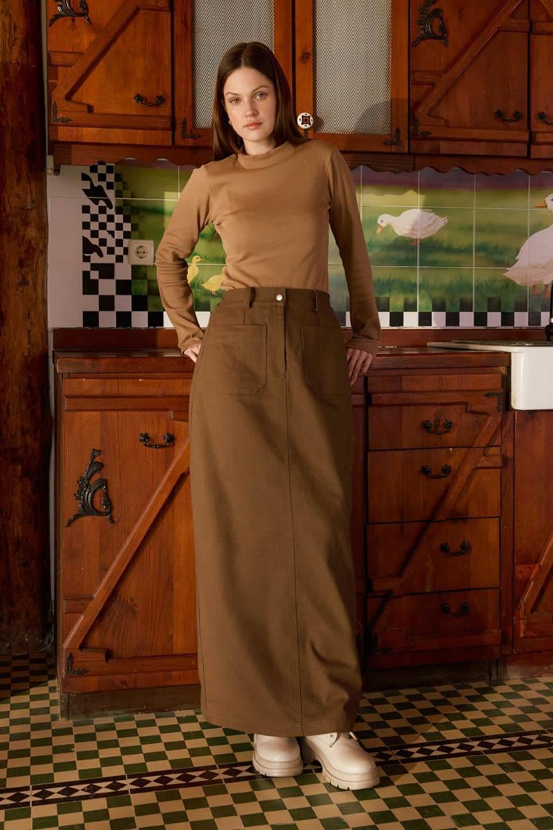 Büyük Cepli Gabardin Etek Taba