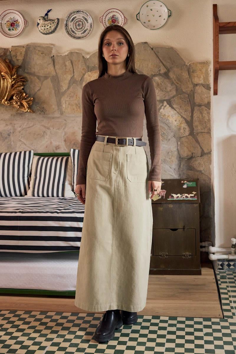 Büyük Cepli Gabardin Etek Taş