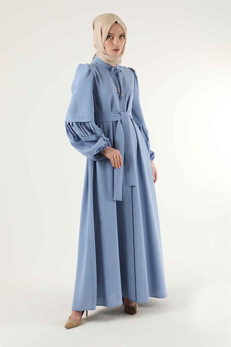 Büzgü Detay Kuşaklı Ferace Bebe Mavisi