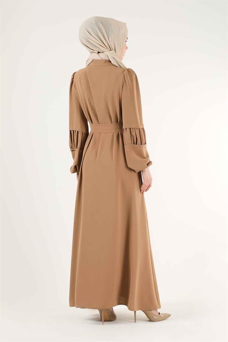 Büzgü Detay Kuşaklı Ferace Camel