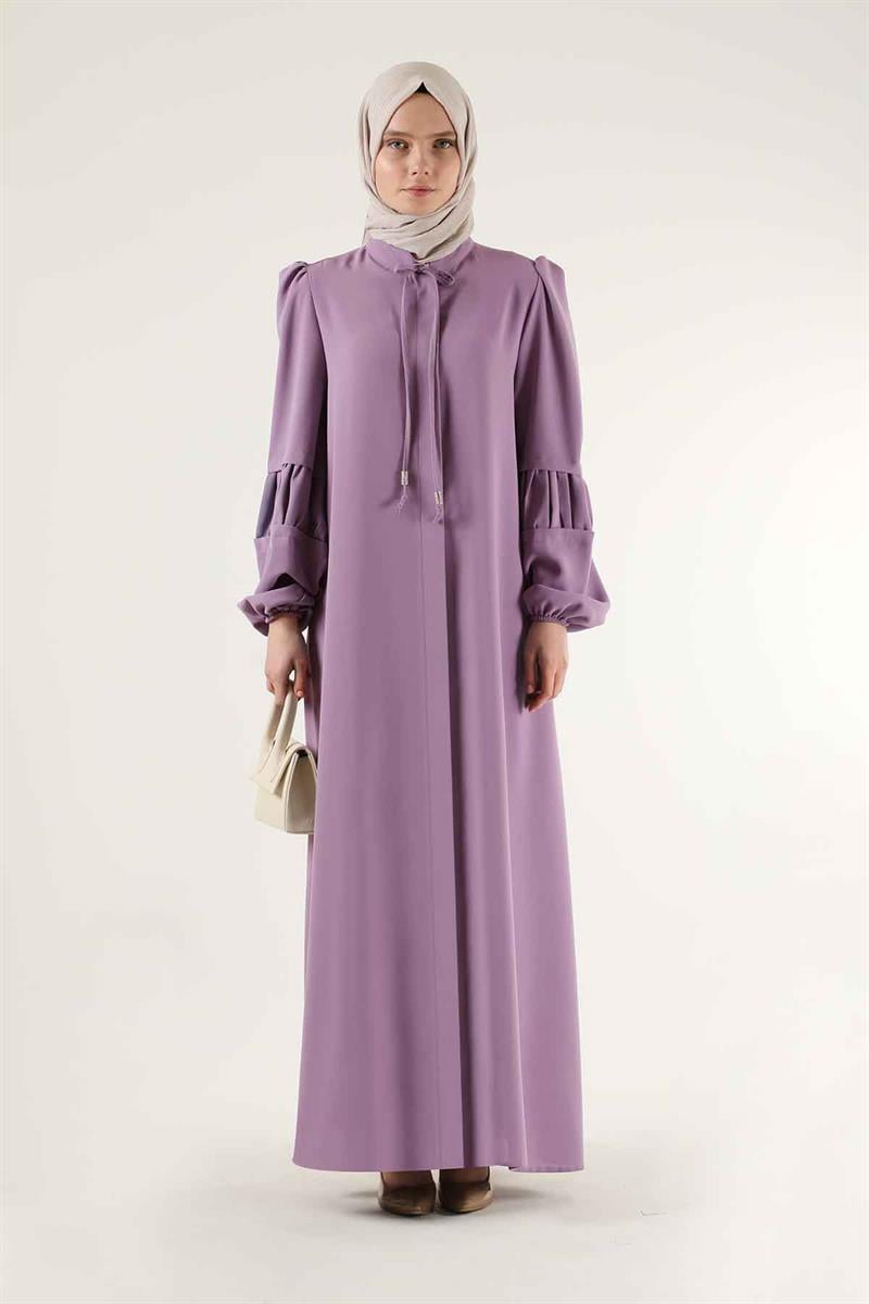 Büzgü Detay Kuşaklı Ferace Lila