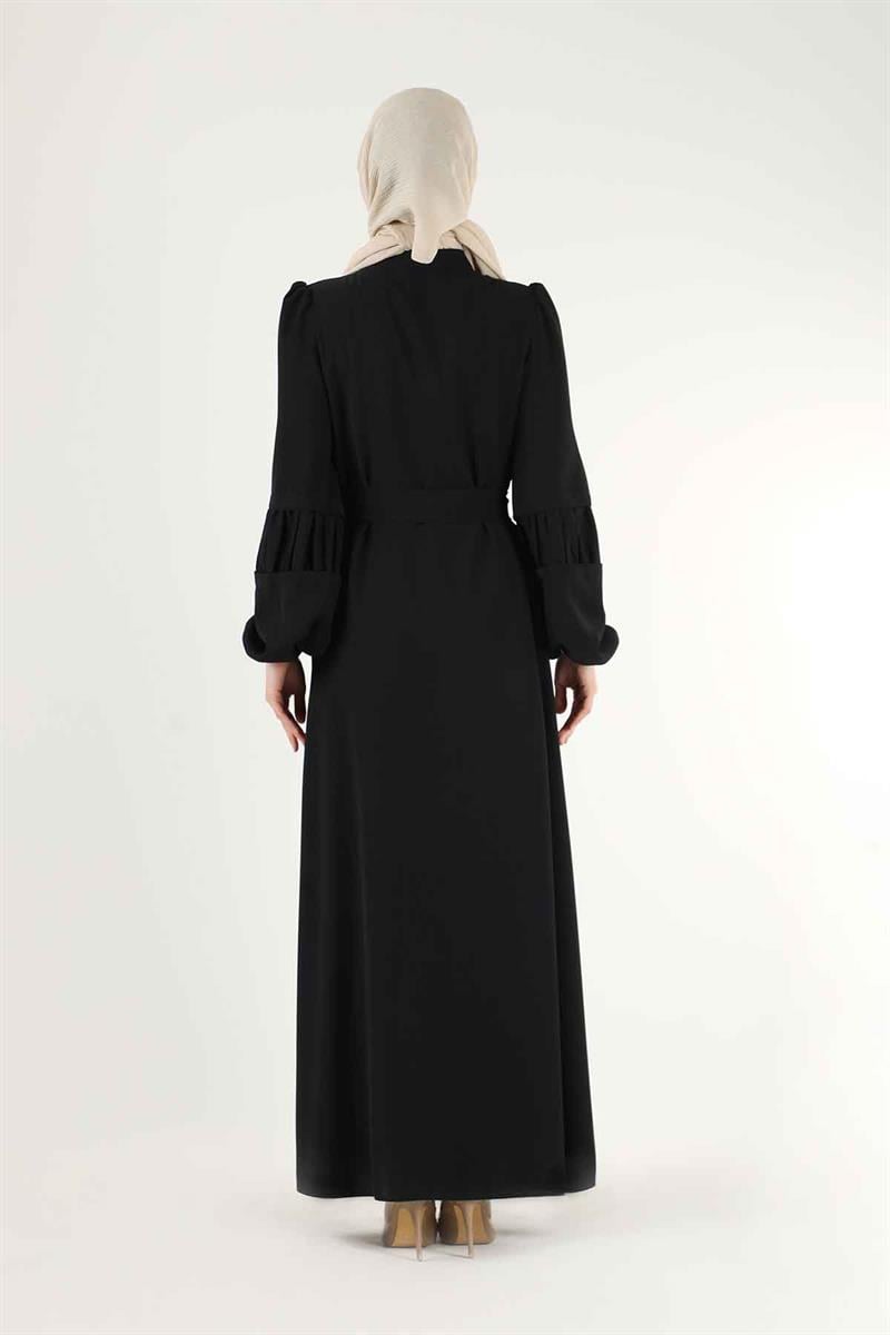Büzgü Detay Kuşaklı Ferace Siyah