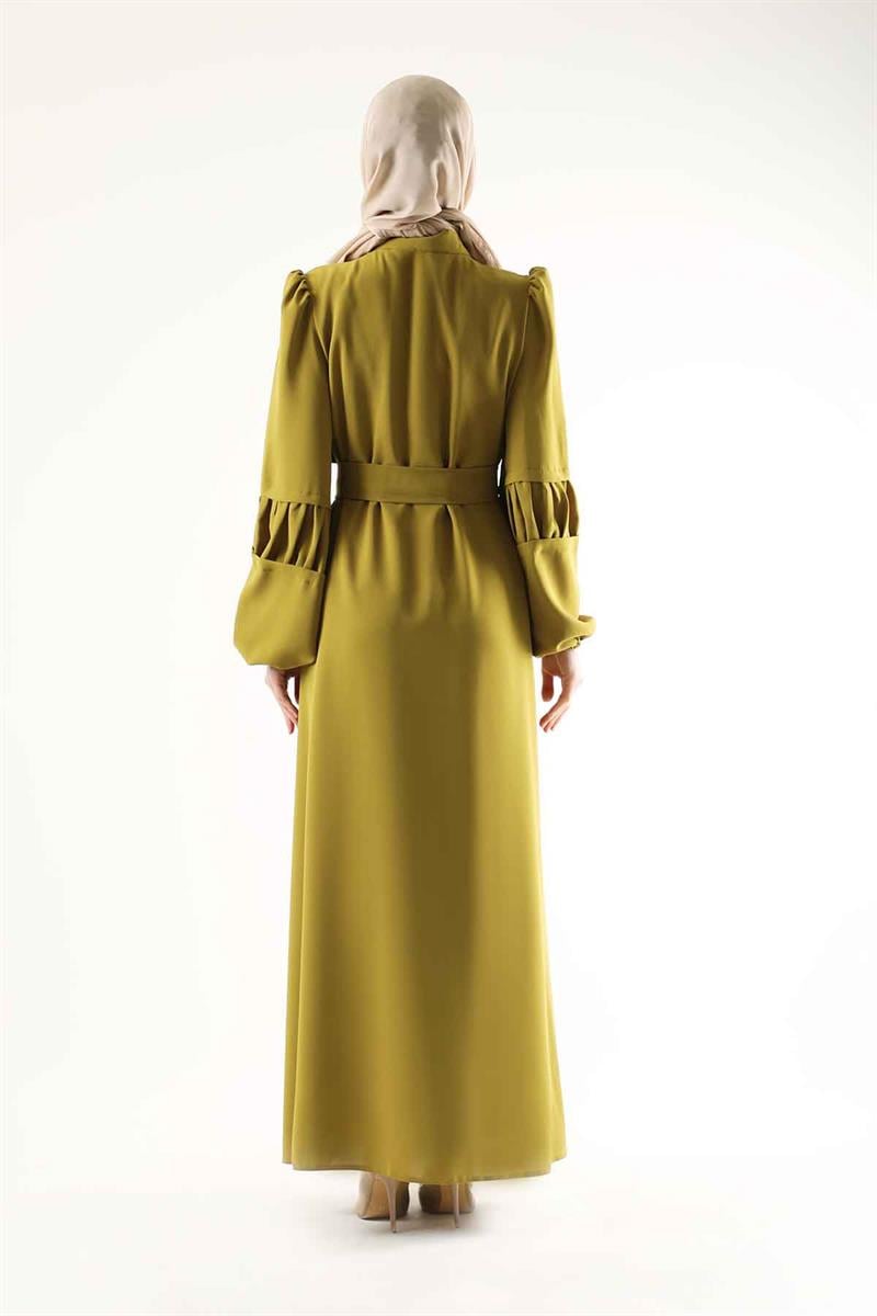 Büzgü Detay Kuşaklı Ferace Yağ Yeşili