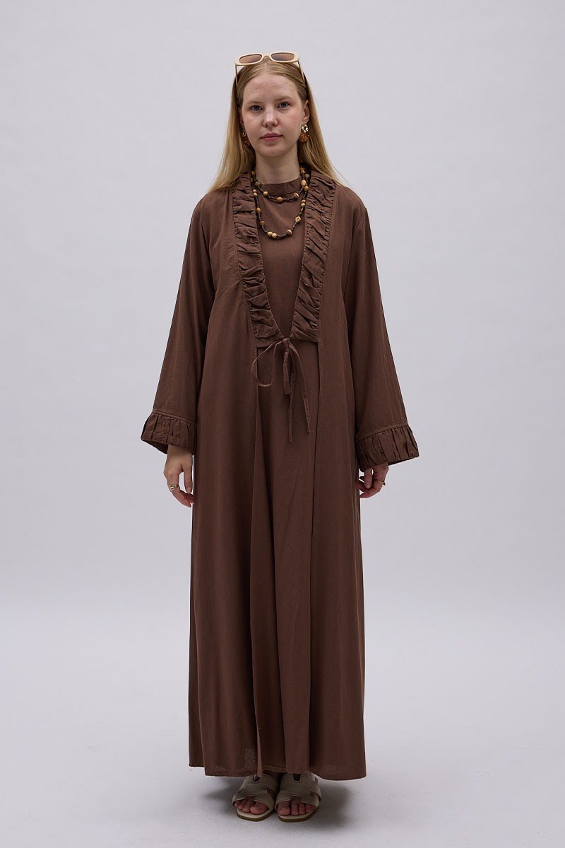 Büzgülü Bant Detaylı Keten Abaya