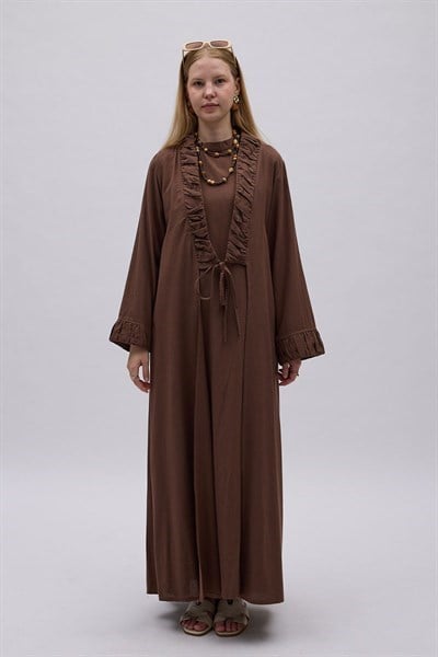 Büzgülü Bant Detaylı Keten Abaya