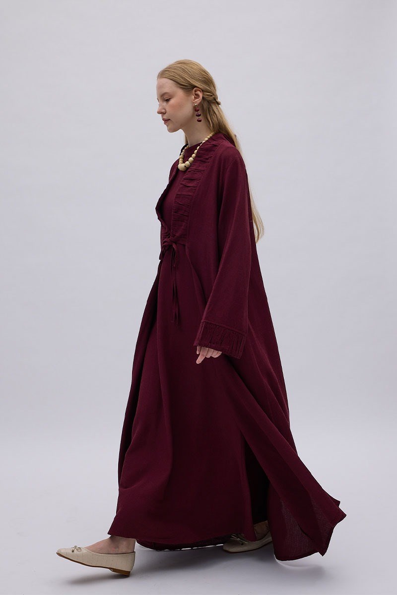 Büzgülü Bant Detaylı Keten Abaya