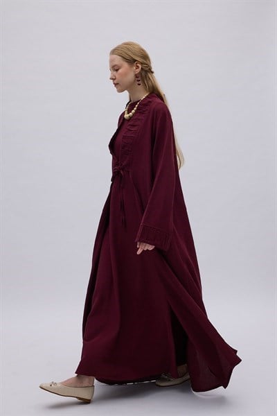 Büzgülü Bant Detaylı Keten Abaya