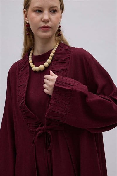 Büzgülü Bant Detaylı Keten Abaya