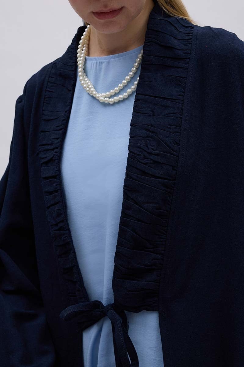 Büzgülü Bant Detaylı Keten Abaya
