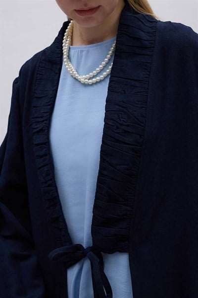 Büzgülü Bant Detaylı Keten Abaya