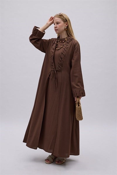 Büzgülü Bant Detaylı Keten Abaya