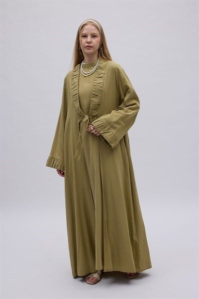 Büzgülü Bant Detaylı Keten Abaya