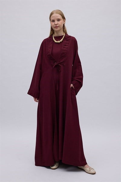Büzgülü Bant Detaylı Keten Abaya