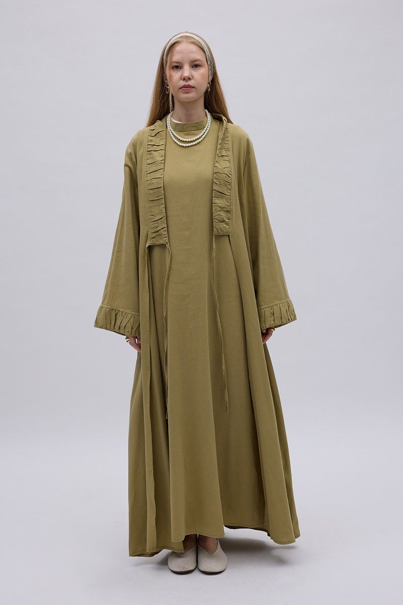 Büzgülü Bant Detaylı Keten Abaya