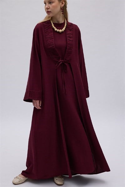 Büzgülü Bant Detaylı Keten Abaya