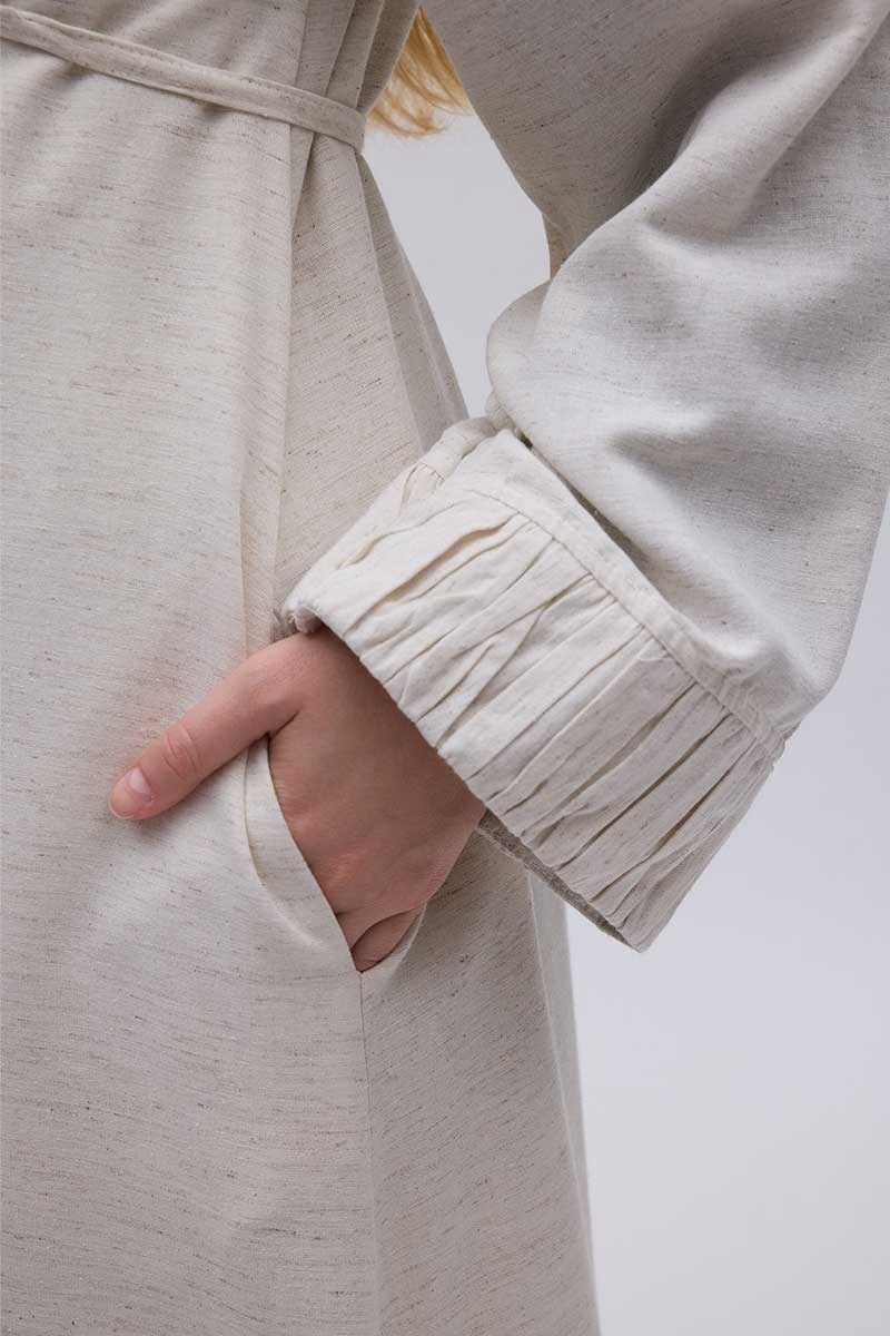 Büzgülü Bant Detaylı Keten Abaya