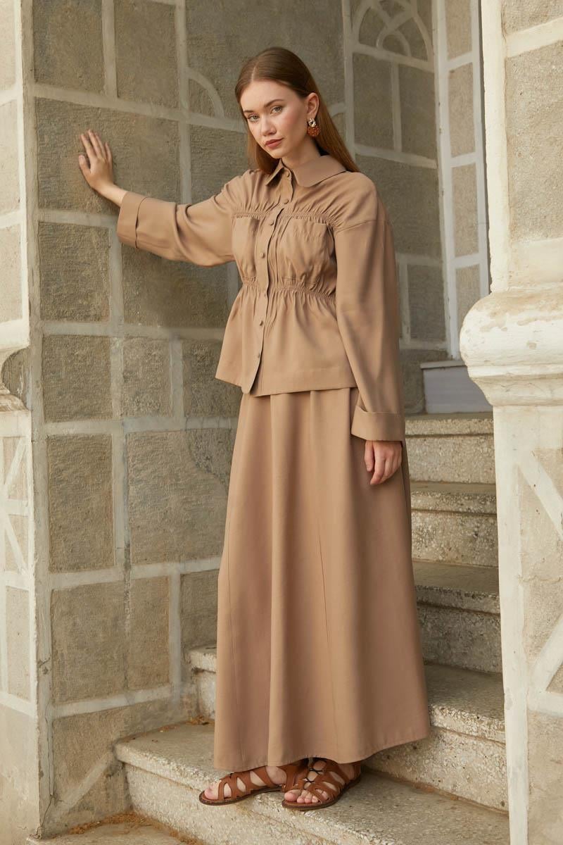 Büzgülü Etek Takım Açık Taba