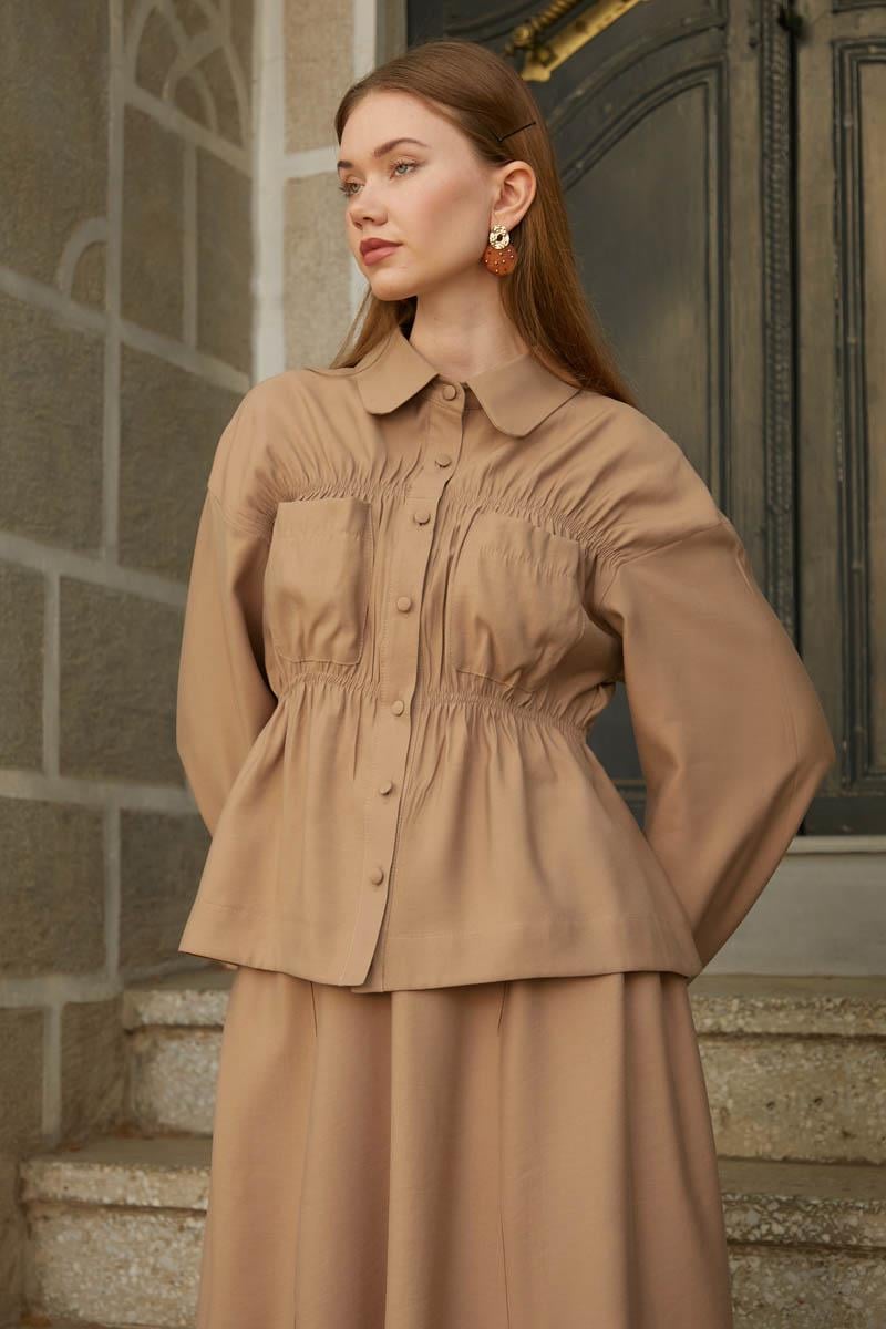 Büzgülü Etek Takım Açık Taba