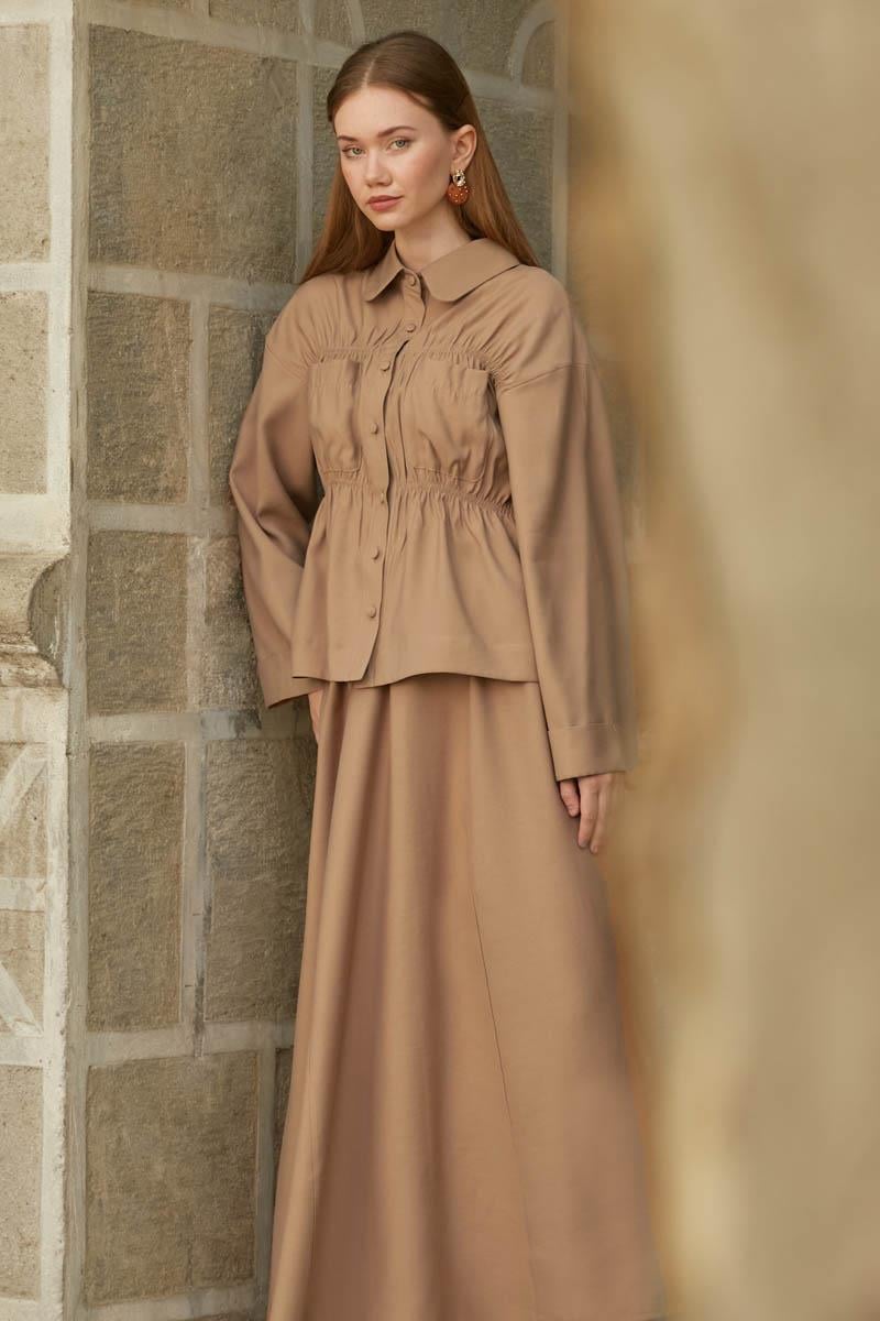 Büzgülü Etek Takım Açık Taba