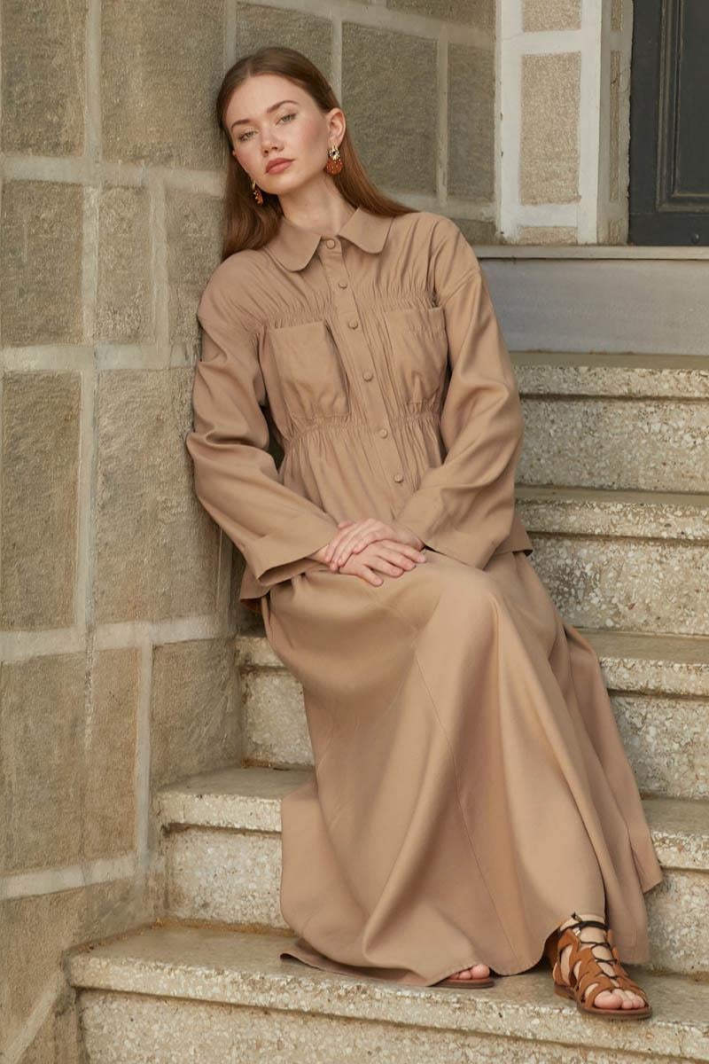 Büzgülü Etek Takım Açık Taba